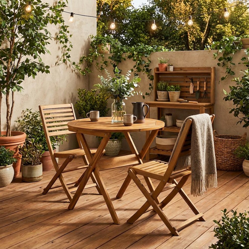 Oil-Finish Round Patio Table Set with 2 Folding Chairs, Modern Design. Picture 2