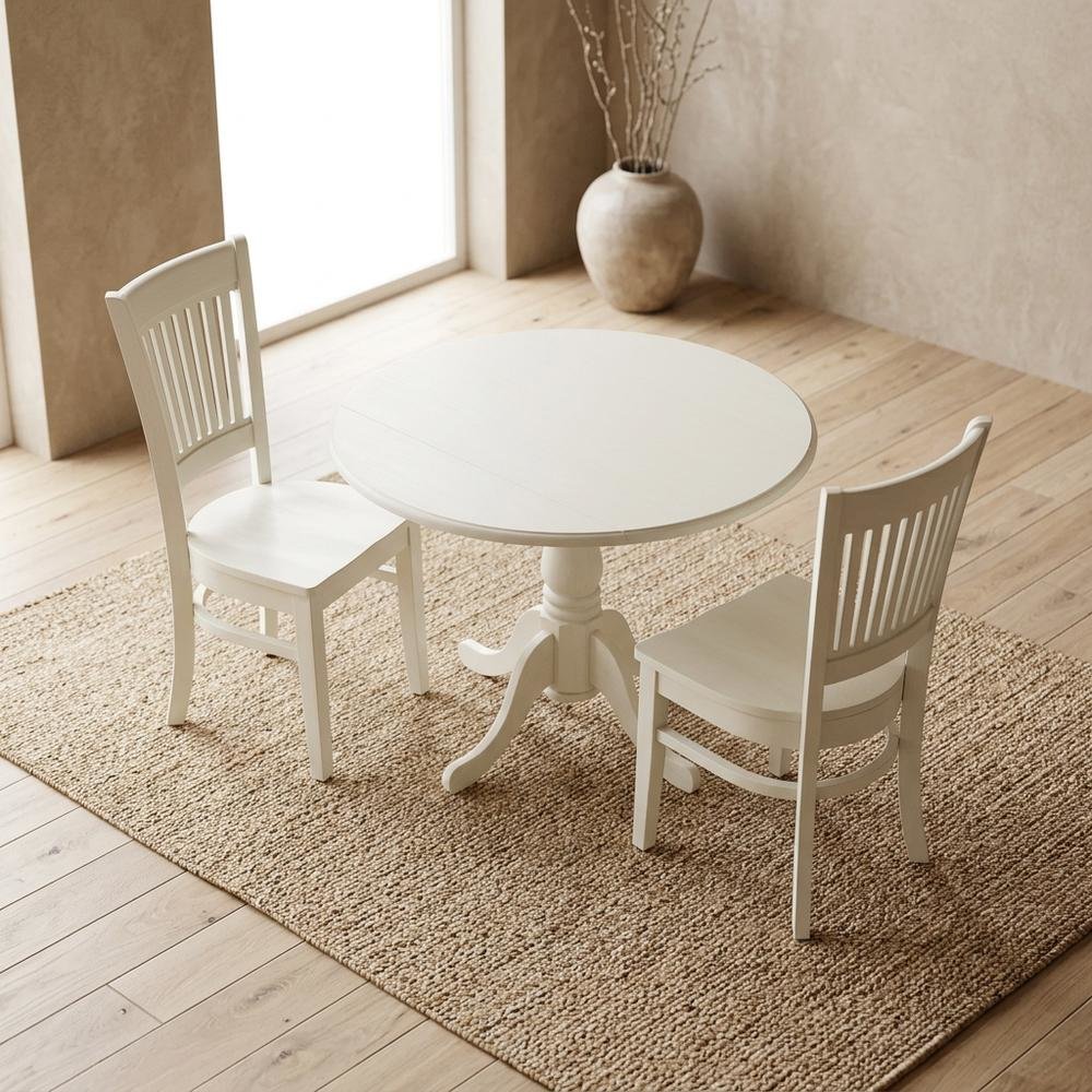 Wood Dining Set 3-Piece, Drop Leaves & Slatted-Back Chairs. Picture 2