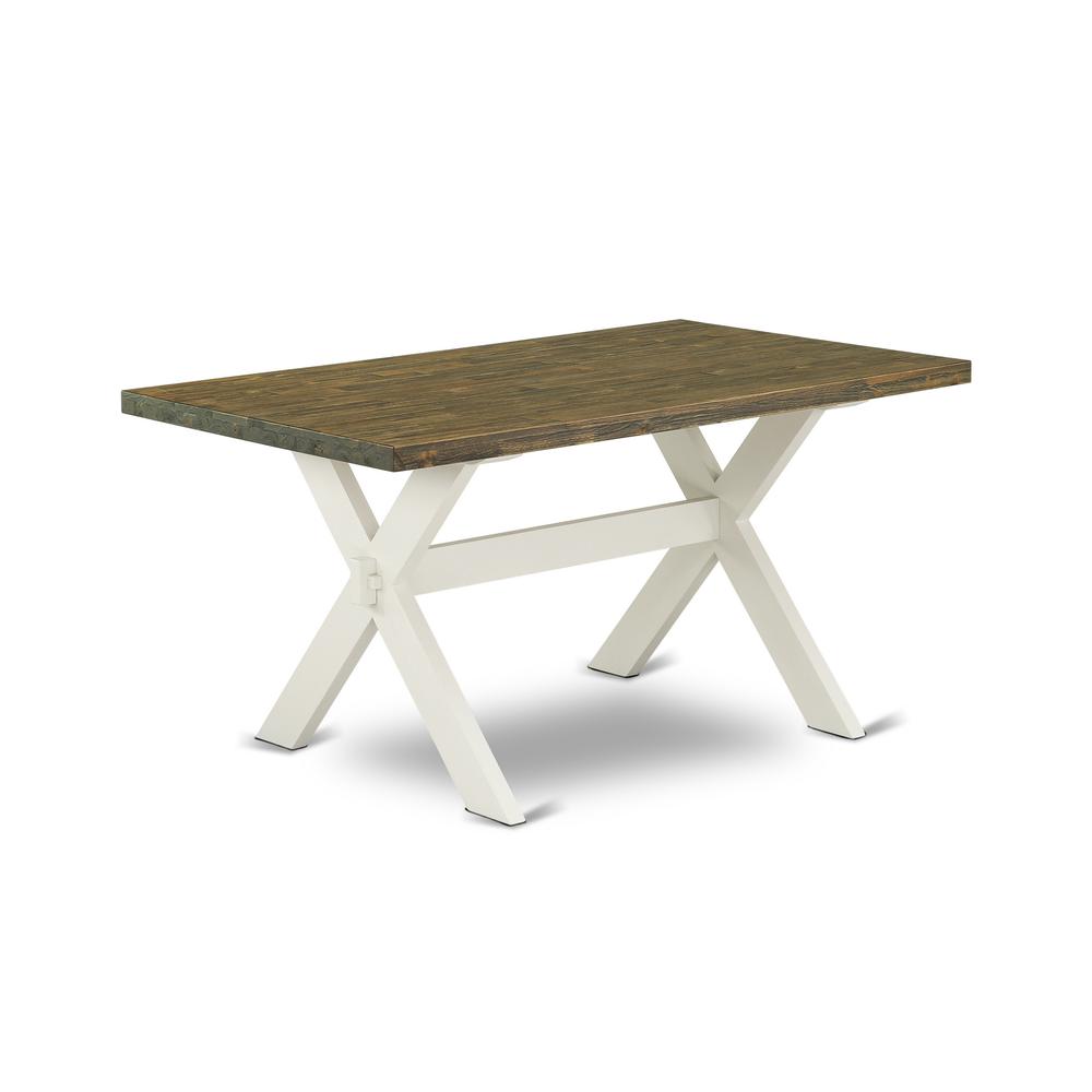 East West Furniture 6-Piece Wood Dining Table Set-Doeskin Linen Fabric Seat and Button Tufted Chair Back Modern Dining chairs, A Rectangular Bench and Rectangular Top Kitchen Table with Wooden Legs -. Picture 2