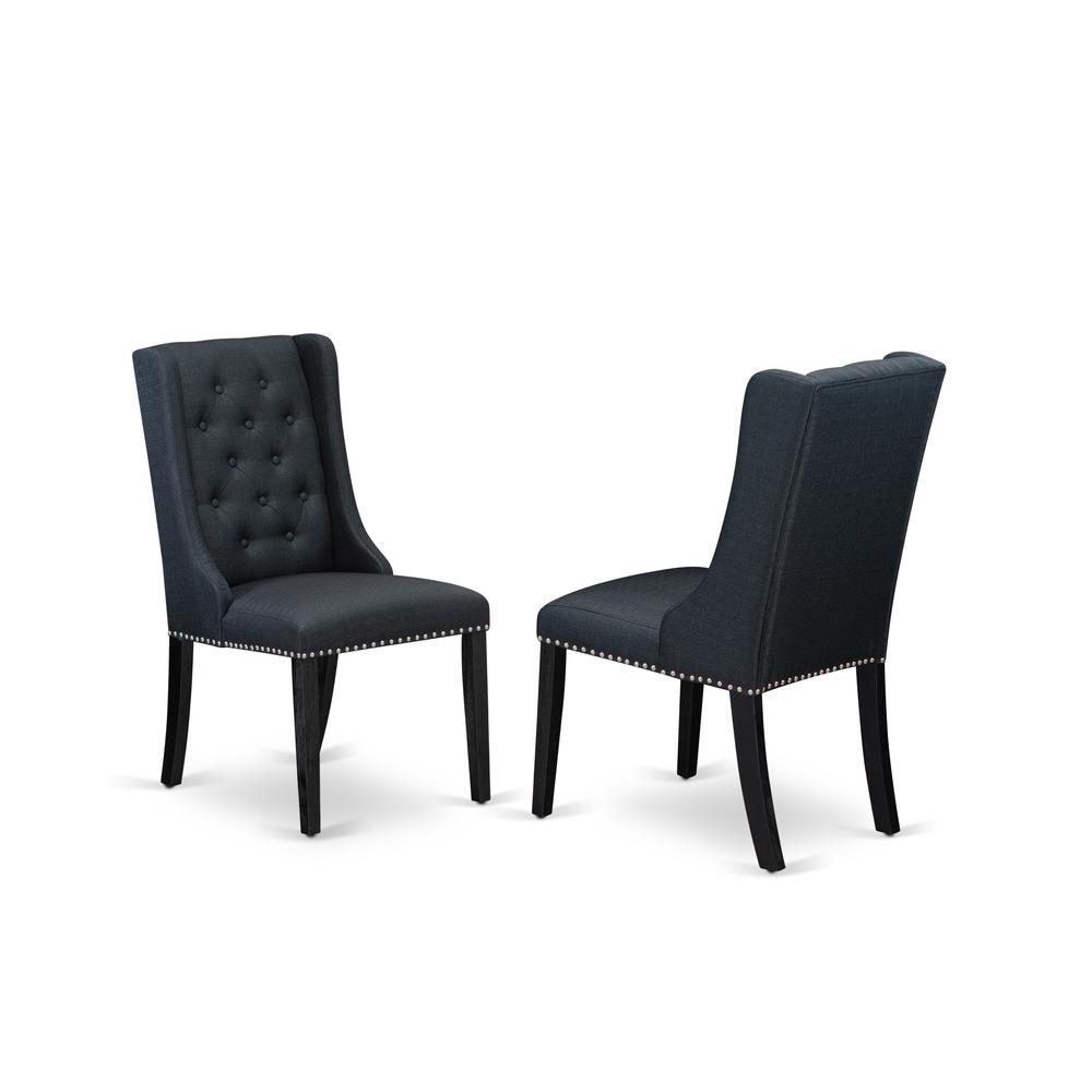 East West Furniture X677FO624-7 7 Pc Dining Table Set - 6 Black Linen Fabric Padded Chair Button Tufted with Nailheads and Distressed Jacobean Dinner Table - Wire Brush Black Finish. Picture 3