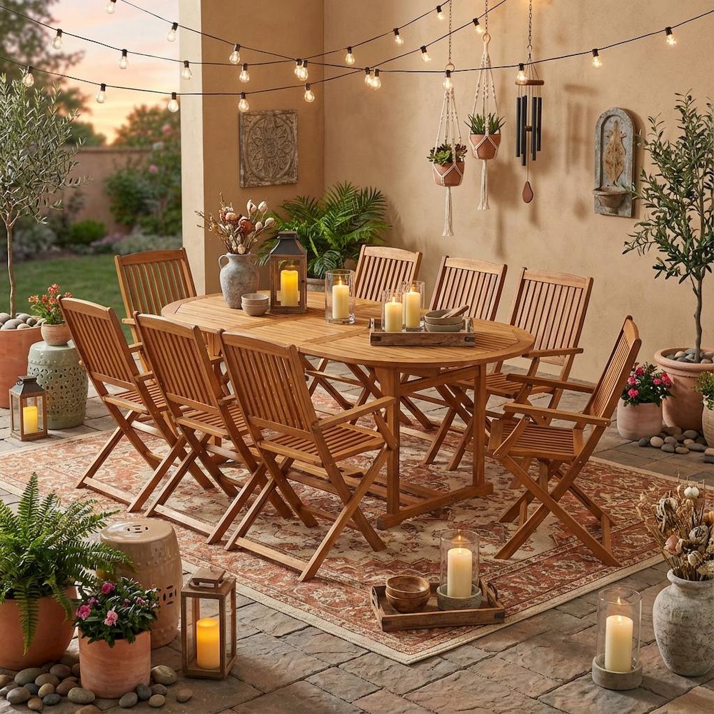 Wooden Patio Set Oil Finish Durable Outdoor Dining Table with 8 Chairs. Picture 3