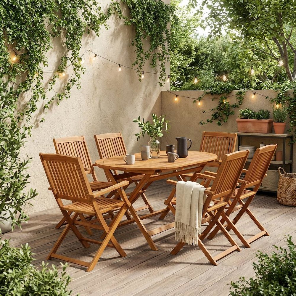 Oil-Finished Wooden Patio Dining Table and 6 Patio Chairs. Picture 2