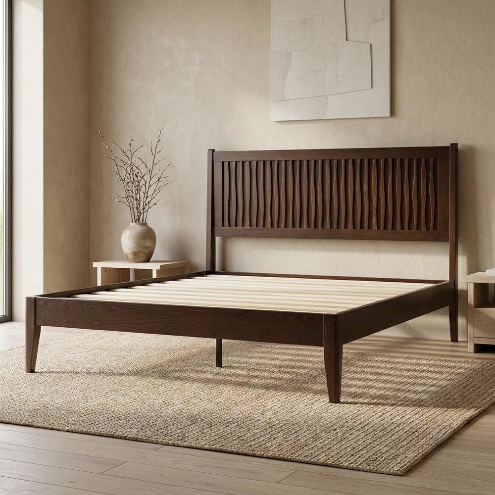 Solid Wood Platform Bed, Headboard & Footboard, No Box Spring, Dark Roast, Queen. Picture 2