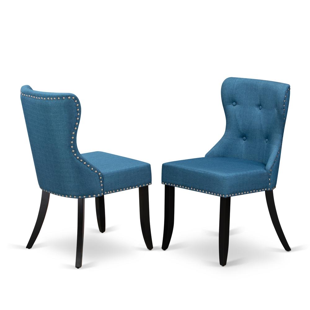 East West Furniture V696SI121-5 5-Piece Dining Table Set- 4 Upholstered Dining Chairs with Blue Linen Fabric Seat and Button Tufted Chair Back - Rectangular Table Top & Wooden Legs - Cement and Black. Picture 3