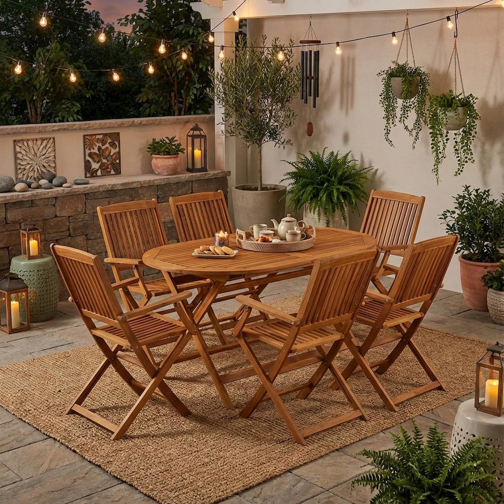 Oil-Finished Wooden Patio Dining Table and 6 Patio Chairs. Picture 3