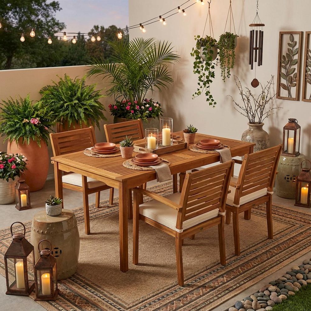 Oil-Finish 7-Piece Patio Dining Set with Acacia Wood Table and Chairs. Picture 3
