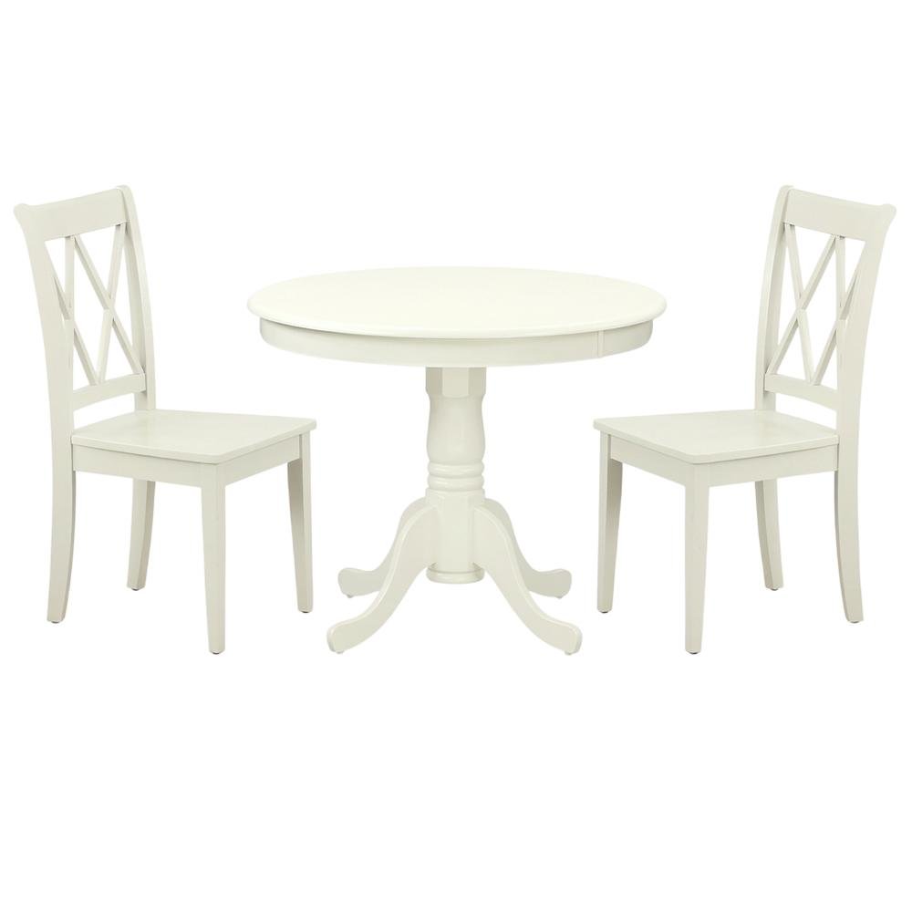 Wood Round Kitchen Table & Chairs 3-Piece, Pedestal Base, Linen White. Picture 4