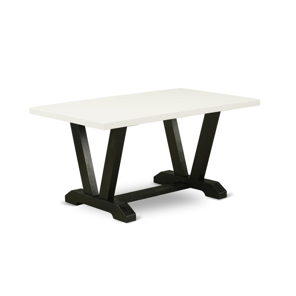 East West Furniture V626SI121-7 7-Pc Kitchen Dining Set- 6 Upholstered Dining Chairs with Blue Linen Fabric Seat and Button Tufted Chair Back - Rectangular Table Top & Wooden Legs - Linen White and Bl. Picture 2