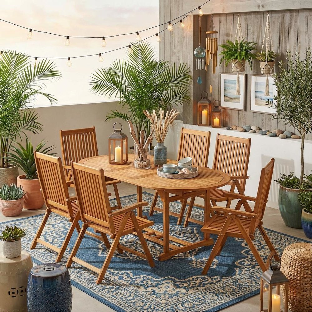 Wooden Patio Set Oil Finish Dining Table and 8 Outdoor Chairs. Picture 3