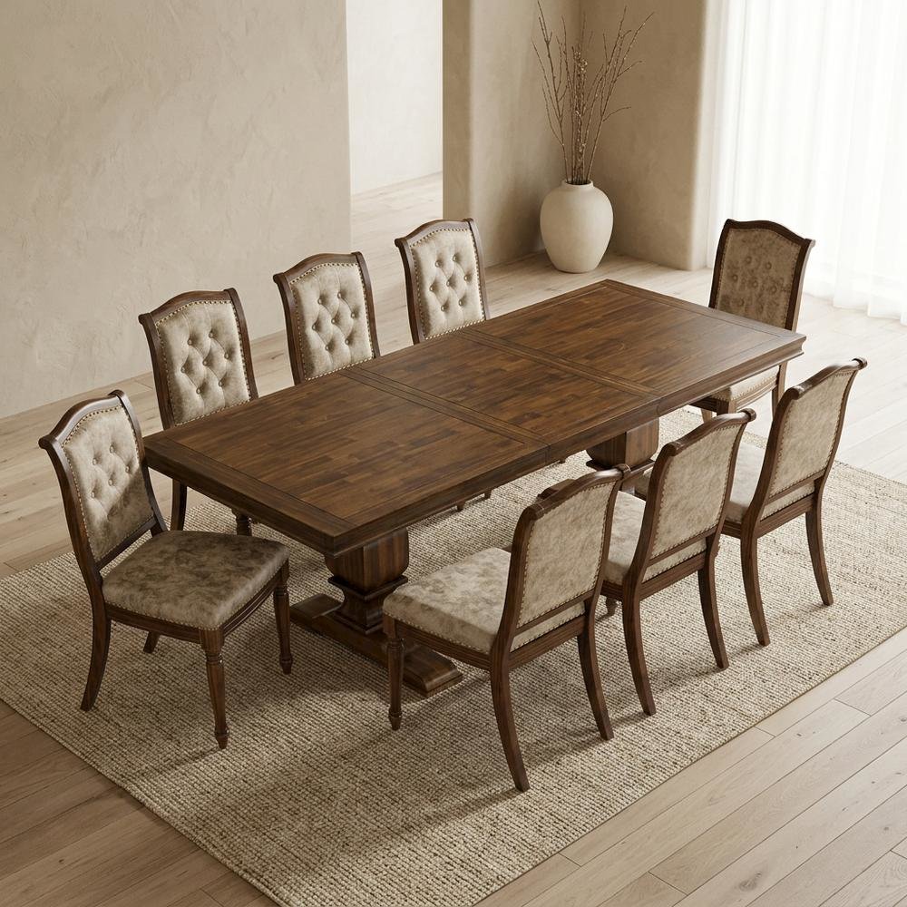 Solid Wood Rectangular Dining Table & Button-Tufted Chairs 9-Piece, Light Beige. Picture 2