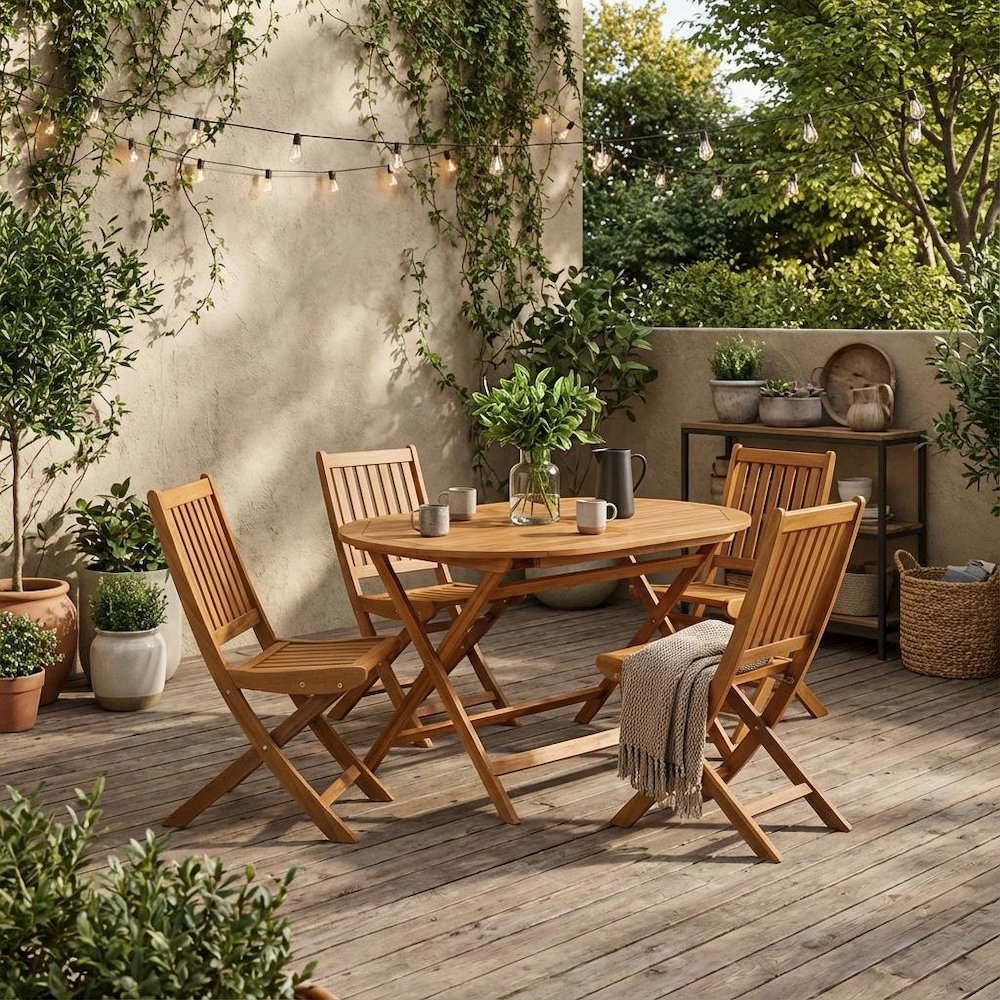 Wooden 5-Piece Outdoor Dining Set with 4 Slatted Back Chairs and Coffee Table. Picture 2