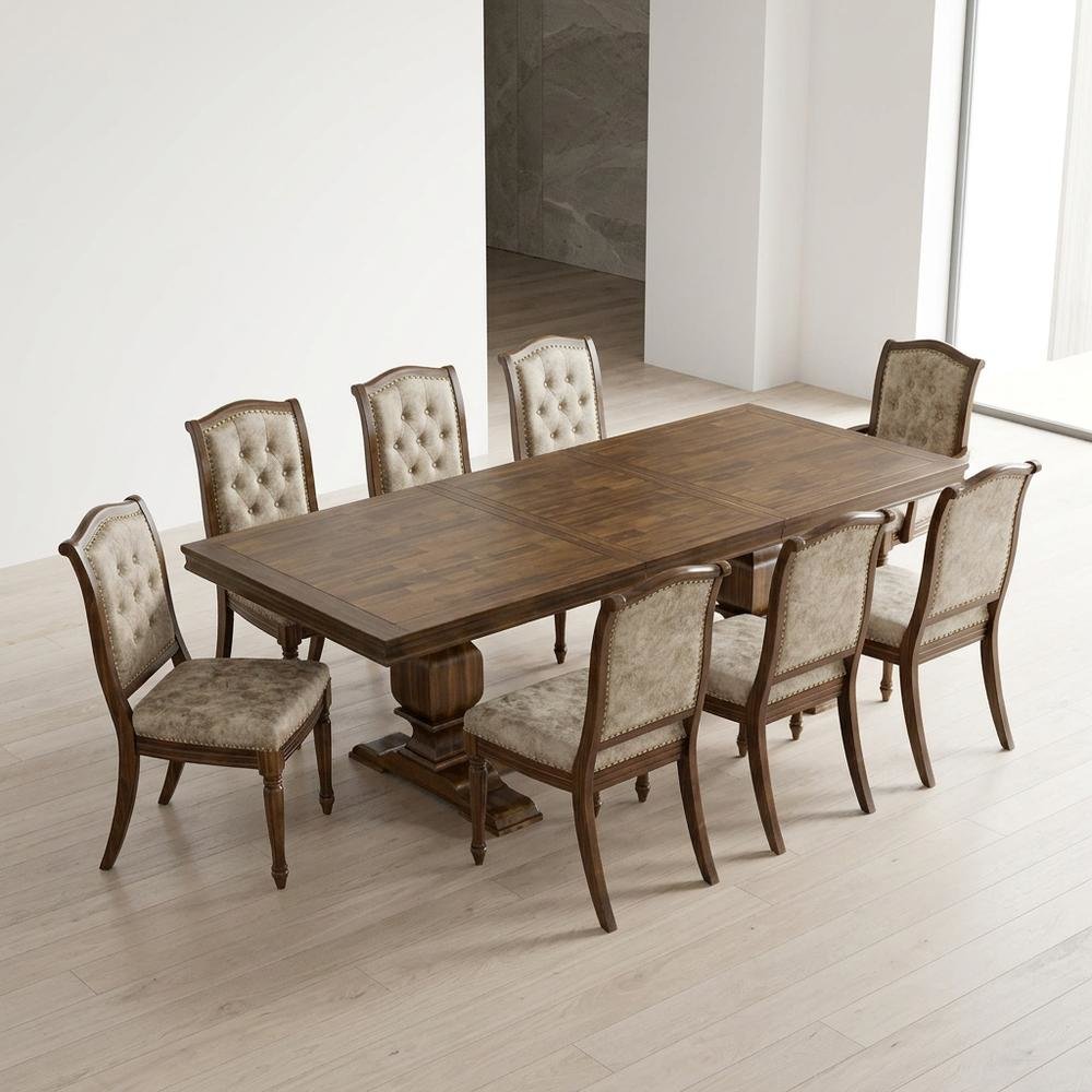 Solid Wood Rectangular Dining Table & Button-Tufted Chairs 9-Piece, Light Beige. Picture 3