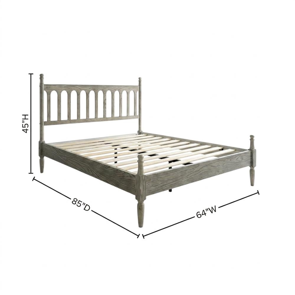 Solid Wood Bed with Headboard, Traditional Platform, Weathered Gray Oak, Queen. Picture 6
