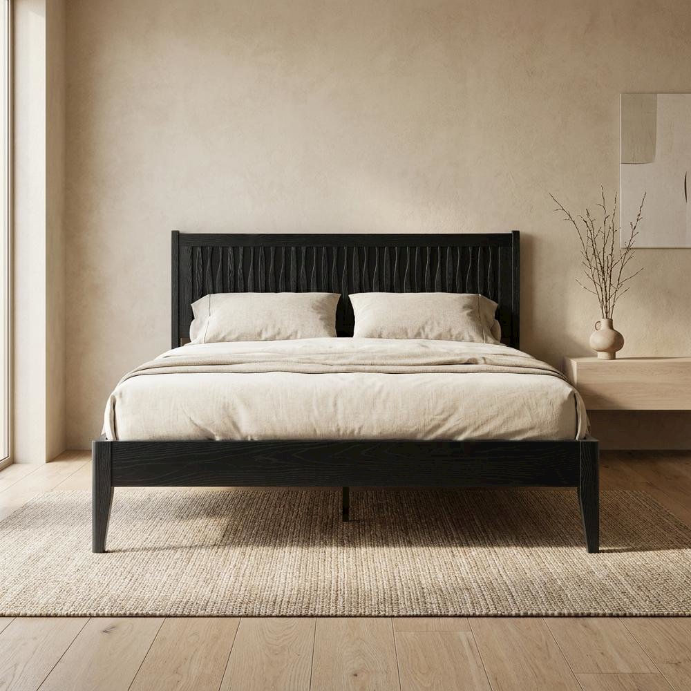 Solid Wood Platform Bed, Headboard & Footboard, No Box Spring, Ebony Oak, King. Picture 2