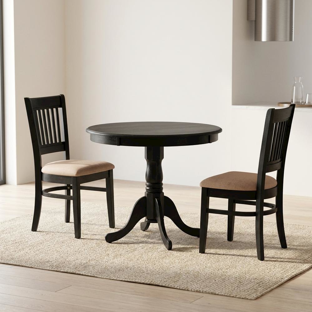 Solid Wood Round Dining Table & Chairs 3-Piece Set, Small Dinette, Black. Picture 3