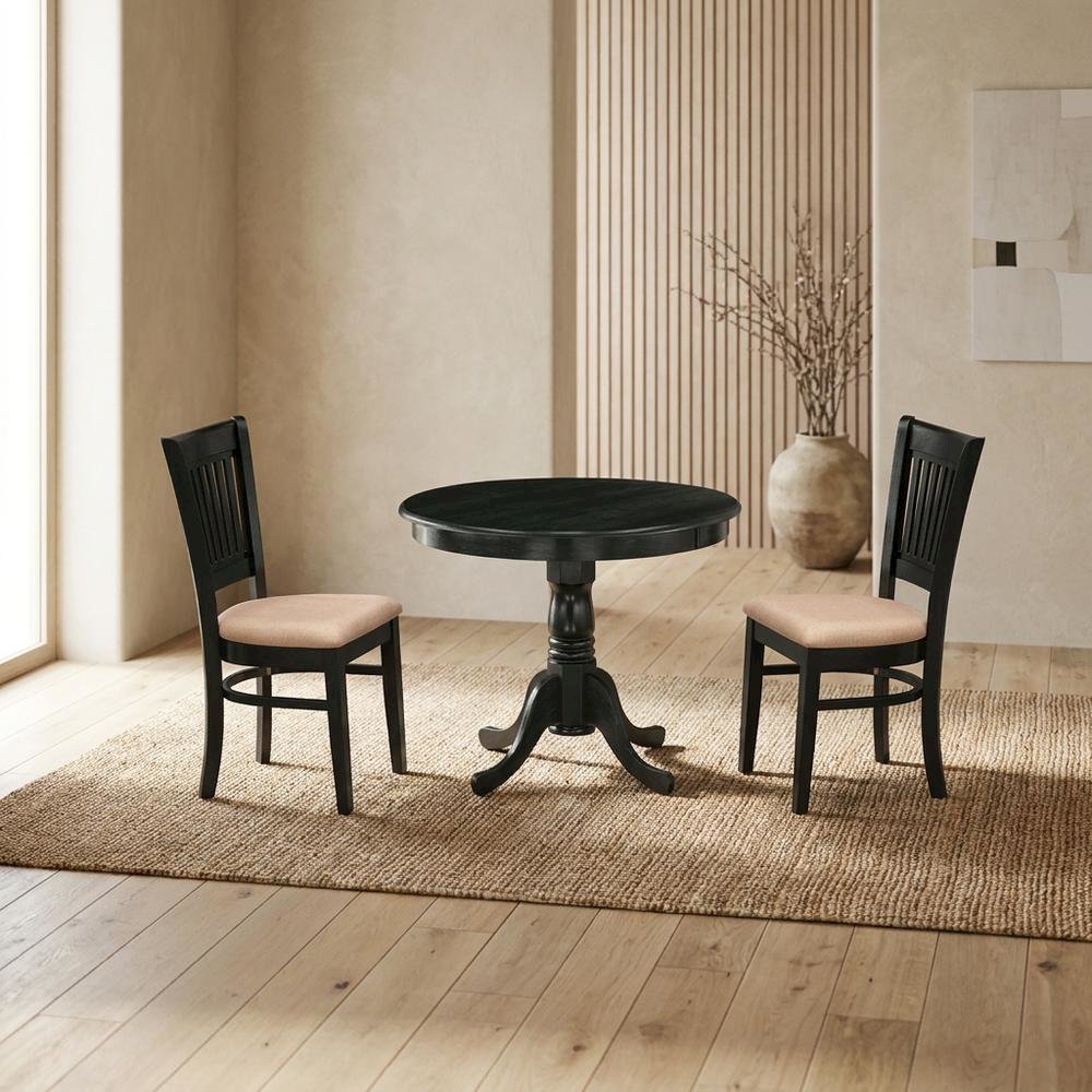 Solid Wood Round Dining Table & Chairs 3-Piece Set, Small Dinette, Black. Picture 2