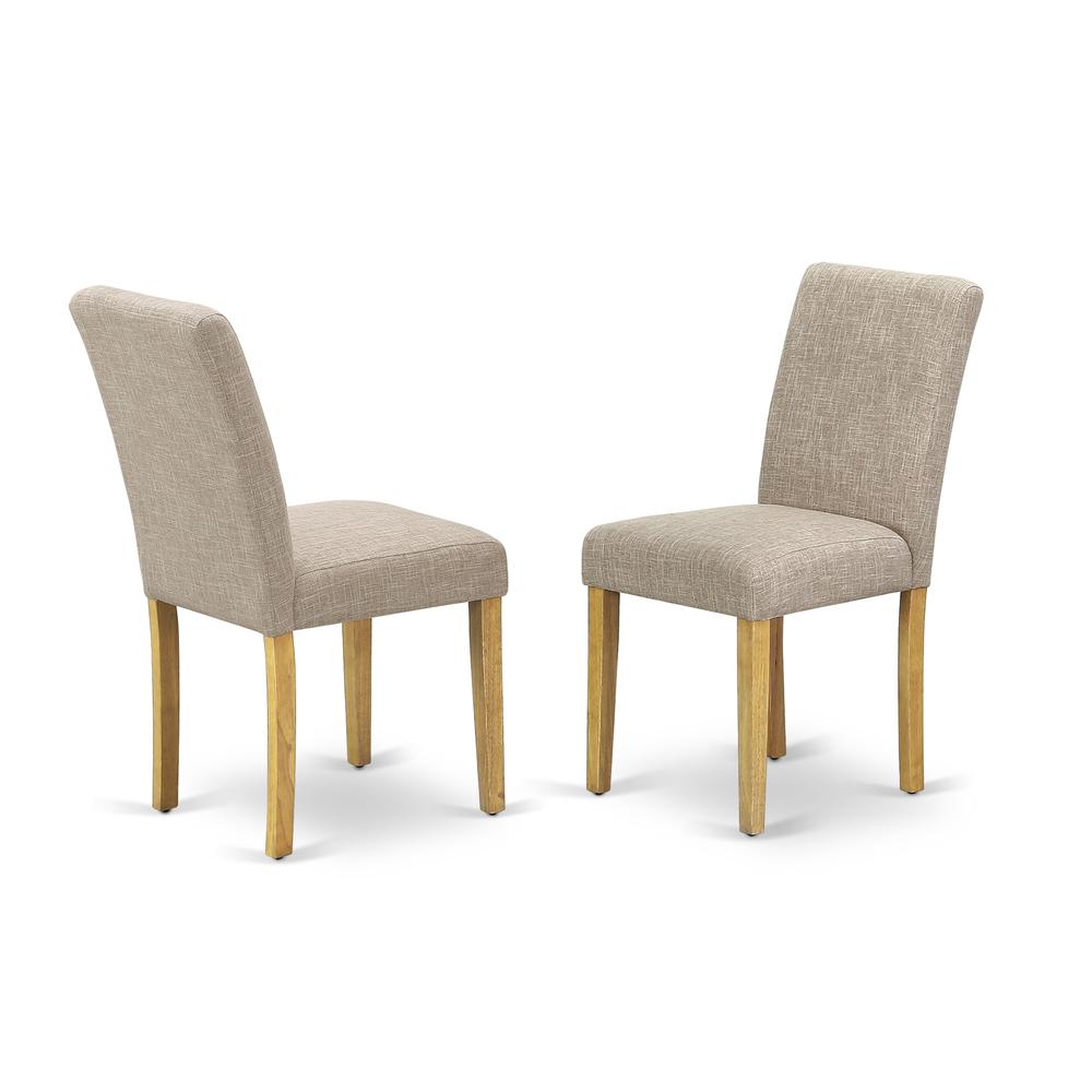 1NDAB3-OAK-04 Dining Table Set 3 Pc - Two Dining Room Chairs and a Modern Dining Table - Oak Finish Wood - Light Fawn Color Linen Fabric. Picture 5