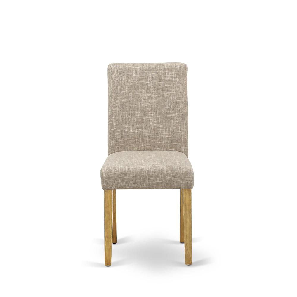 1NDAB3-OAK-04 Dining Table Set 3 Pc - Two Dining Room Chairs and a Modern Dining Table - Oak Finish Wood - Light Fawn Color Linen Fabric. Picture 6