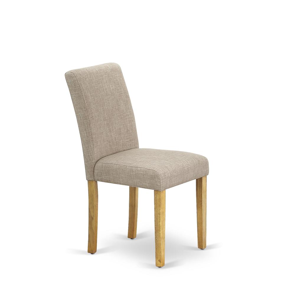1NDAB3-OAK-04 Dining Table Set 3 Pc - Two Dining Room Chairs and a Modern Dining Table - Oak Finish Wood - Light Fawn Color Linen Fabric. Picture 7