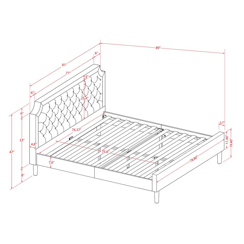 GBF-25-K Wood Bed Contains Black Textured Upholstered Headboard, Footboard and Wood Rails, Slats - Wooden 9 Legs - Black Finish. Picture 7