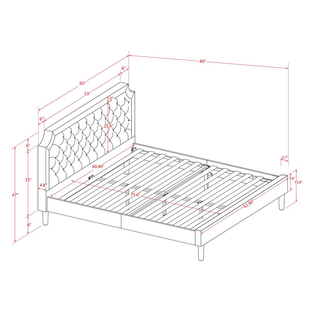 GBF-25-Q Wooden Bed Includes Black Textured Upholstered Headboard, Footboard and Wood Rails, Slats - Wooden 9 Legs - Black Finish. Picture 7