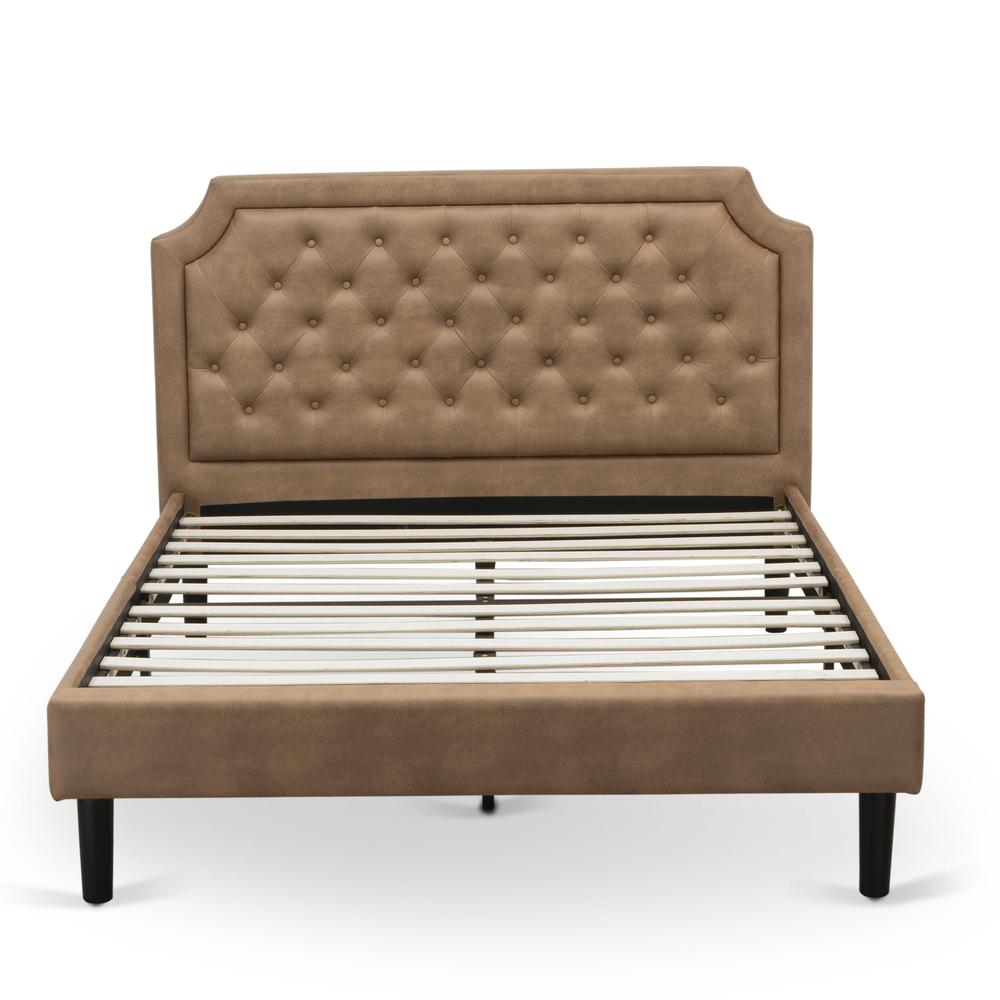 GB28Q-1DE07 2-Piece Platform Bed Set with a Platform Bed and 1 Distressed Jacobean End Tables - Brown Faux Leather and Black Legs. Picture 2