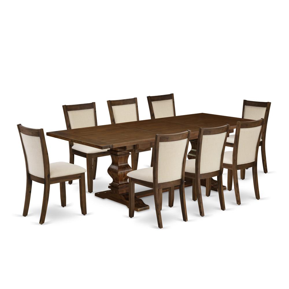East West Furniture 9-Pcs Kitchen Table Set - 1 Rectangular Dining Table with Double Pedestal and 8 Light Beige Linen Fabric Modern Dining Chairs with Stylish Back - Antique Walnut Finish. Picture 1