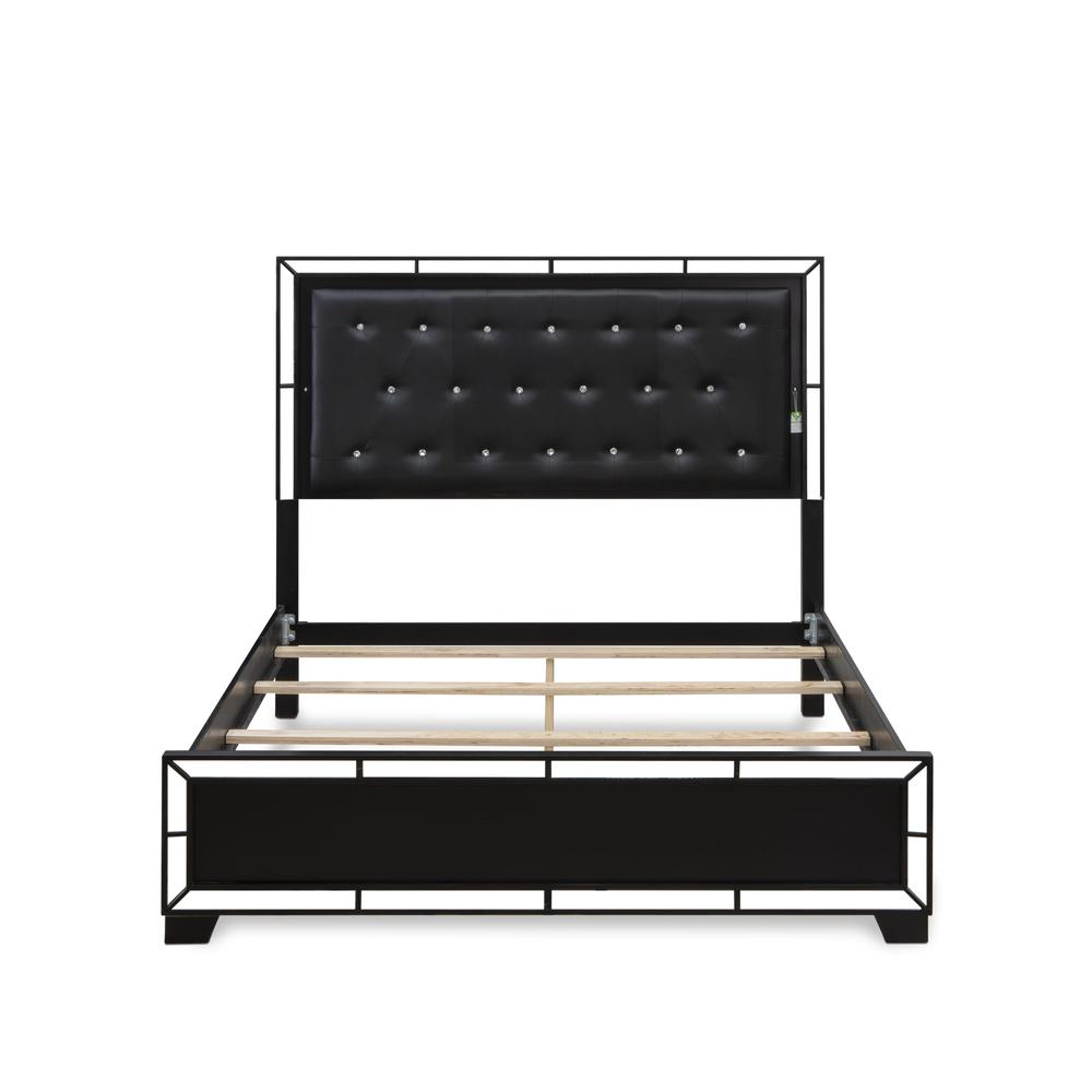 NE11-Q2N000 3-PC Nella Bedroom Set with Button Tufted Queen Bedframe and 2 Modern Nightstands - Black Leather Headboard and legs. Picture 3