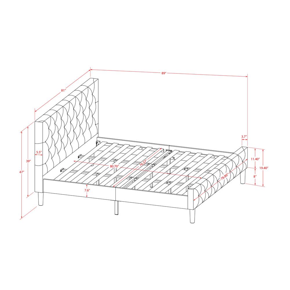 NLF-14-K Nolan Platform Bed Frame-Button Tufted Brown Taupe Velvet Fabric Upholstered Headboard & Footboard, Black Legs, King Size. Picture 7