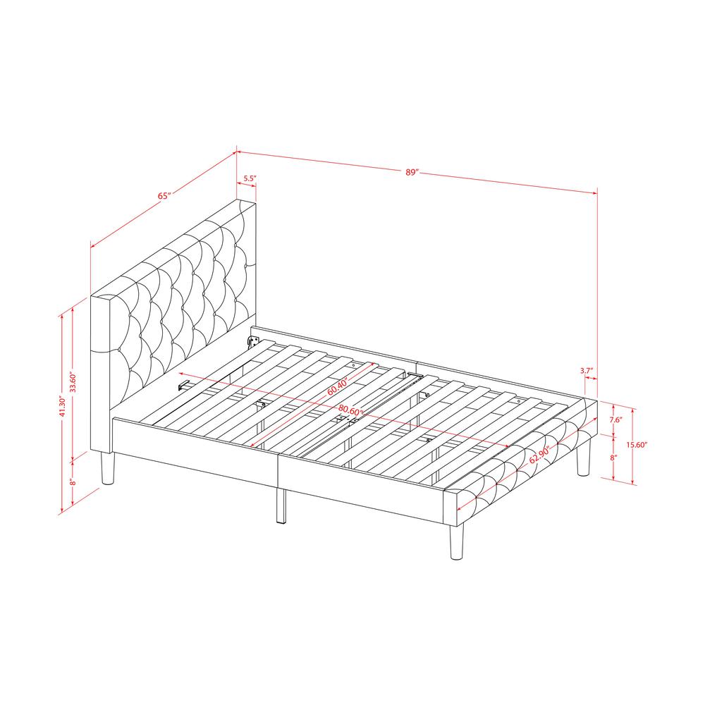 NLF-19-Q Nolan Platform Bed Frame - Button Tufted White Velvet Fabric Padded Headboard & Footboard, Black Legs, Queen Size. Picture 7