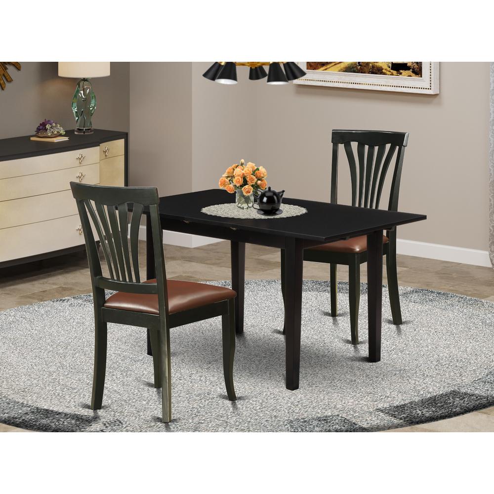 East West Furniture NOAV3-BLK-LC 3-Pc Dining Set 2 Upholstered Dining Chairs with Slatted Back and a Faux Leather Seat and Butterfly Leaf Dinette Table with Rectangular Top and 4 Legs- Black Finish. Picture 4
