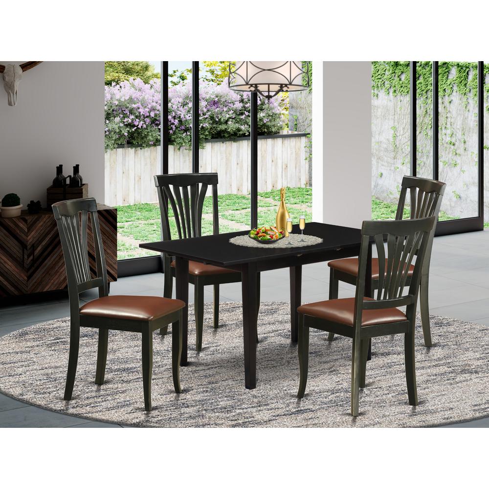 East West Furniture NOAV5-BLK-LC 5-Pc Dining Room Table Set 4 Wooden Dining Chairs with Slatted Back and a Faux Leather Seat and Mid Century Butterfly Leaf Dining Table with Rectangular Top and 4 Legs. Picture 4