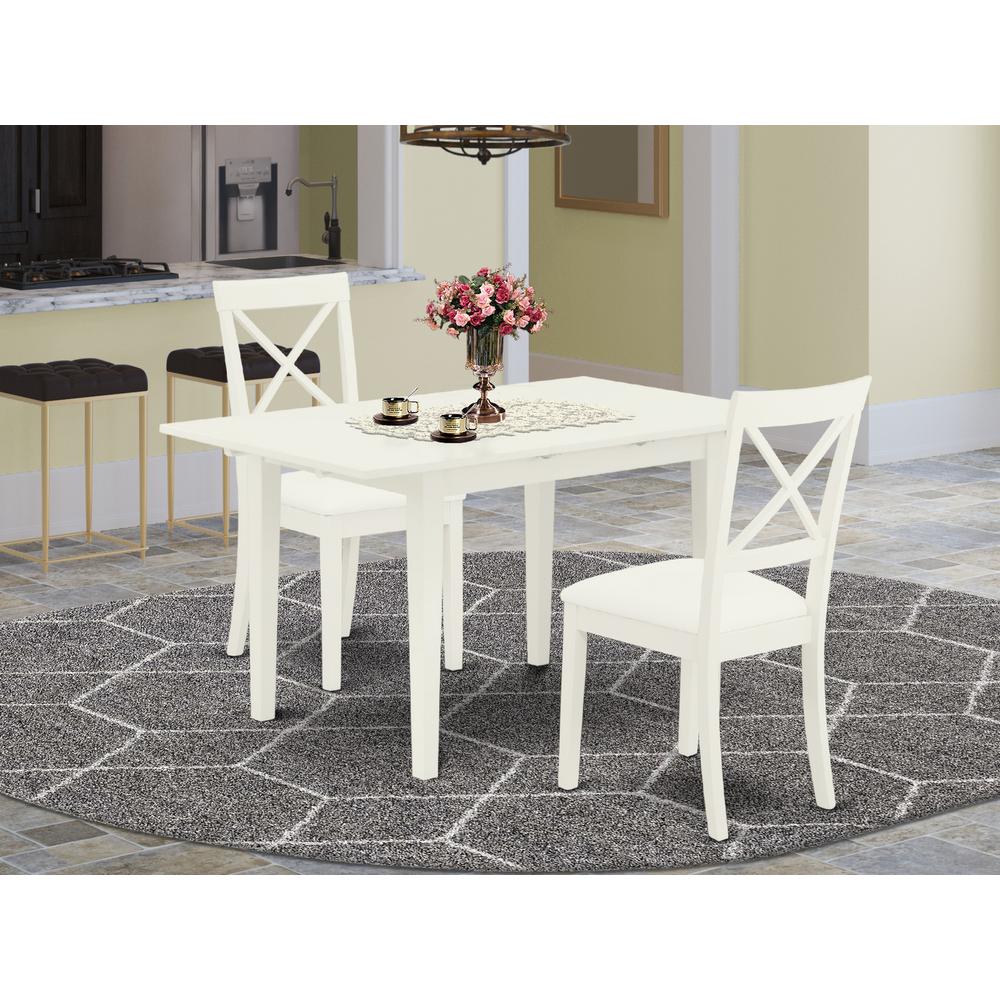East West Furniture NOBO3-WHI-LC 3-Piece Kitchen Set 2 Dining Room Chairs with X-Back and a Faux Leather Seat and Butterfly Leaf Dining Table with Rectangular Top and 4 Legs- Linen White Finish. Picture 3