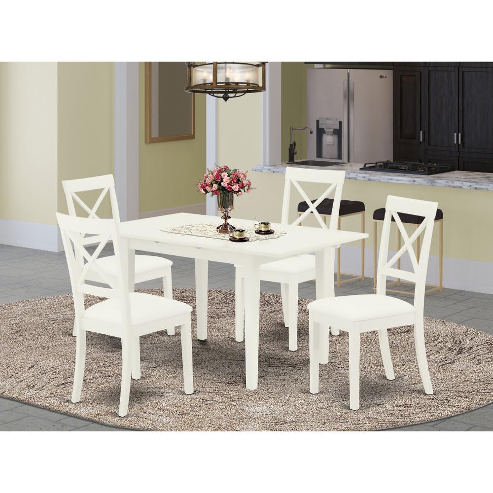East West Furniture NOBO5-WHI-LC 5-Pc Rectangular Dinette Set 4 Dining Chairs with X-Back and a Faux Leather Seat and Butterfly Leaf Dining Room Table with Rectangular Top and 4 Legs- Linen White Fini. Picture 3