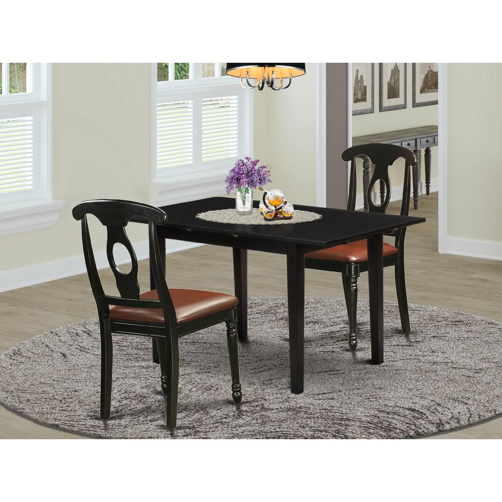 East West Furniture NOKE3-BLK-LC 3-Pc Dining Room Set 2 Dining Room Chair with Napoleon Back and a Faux Leather Seat and Wooden Dining Table with Butterfly Leaf Rectangular Top and 4 Legs- Black Finis. Picture 4