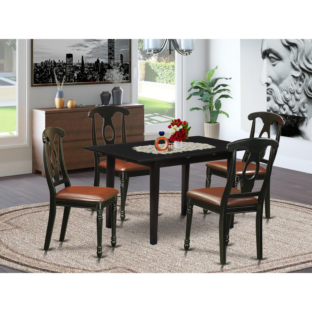 East West Furniture NOKE5-BLK-LC 5-Pc Dining Room Set 4 Dining Room Chairs with Napoleon Back and a Faux Leather Seat and Wooden Dining Table with Butterfly Leaf Rectangular Top and 4 Legs- Black Fini. Picture 4