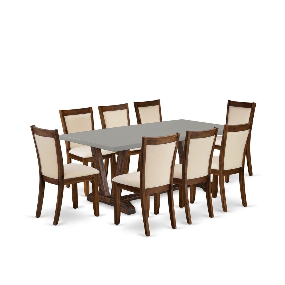 East West Furniture 9-Pc Dining Table Set Consists of a Dining Room Table and 8 Light Beige Linen Fabric Parson Dining Chairs with Stylish Back - Distressed Jacobean Finish. Picture 1
