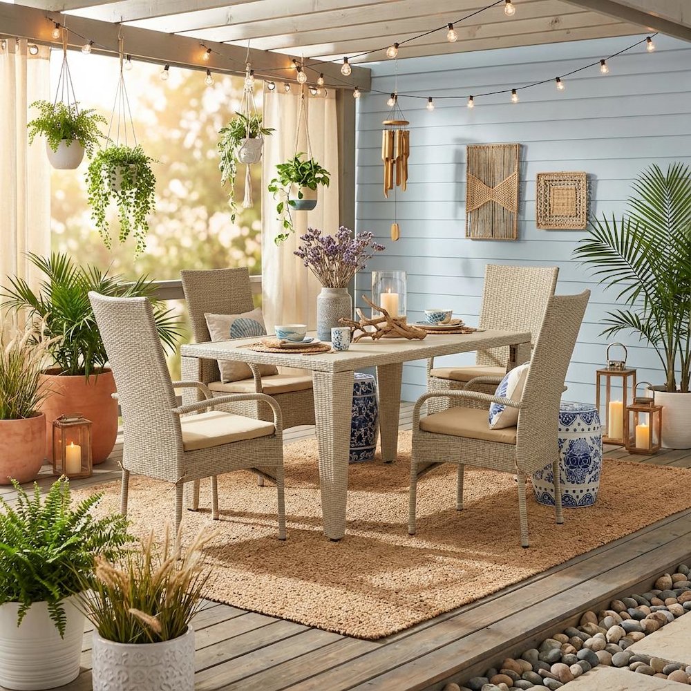 Neutral Linen Wicker Patio Set with Dining Table and 4 Outdoor Chairs. Picture 3
