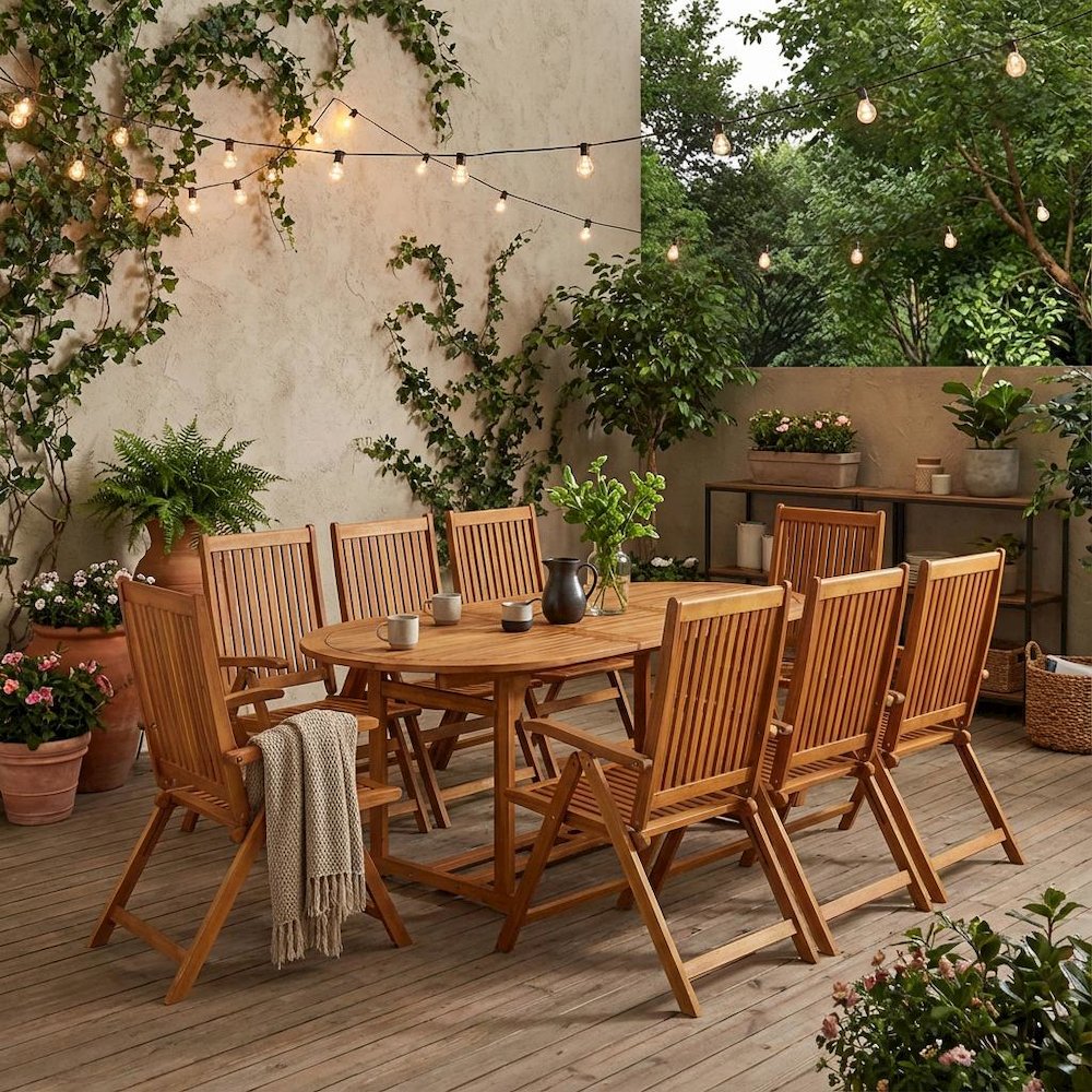 Wooden Patio Set Oil Finish Dining Table and 8 Outdoor Chairs. Picture 2