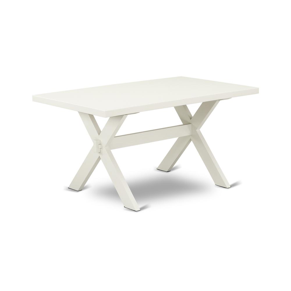East West Furniture 6-Piece Gorgeous kitchen table set a Superb Linen White Wood Dining Table Top and Linen White Dining Room Bench and 4 Lovely Linen Fabric Dining Chairs with Nail Heads and Stylish. Picture 2