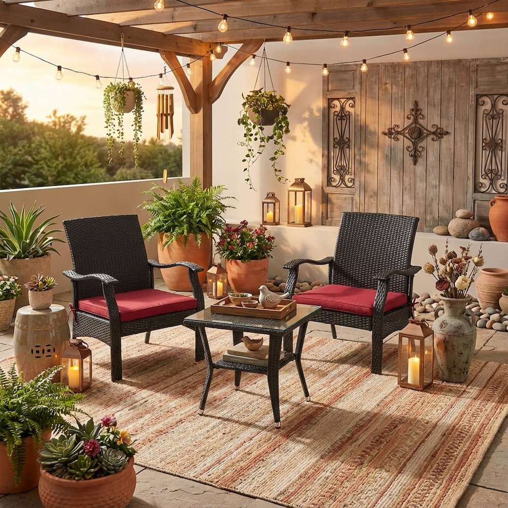 Black Wicker Patio Set with Table and 2 Chairs - Durable Outdoor Seating. Picture 3