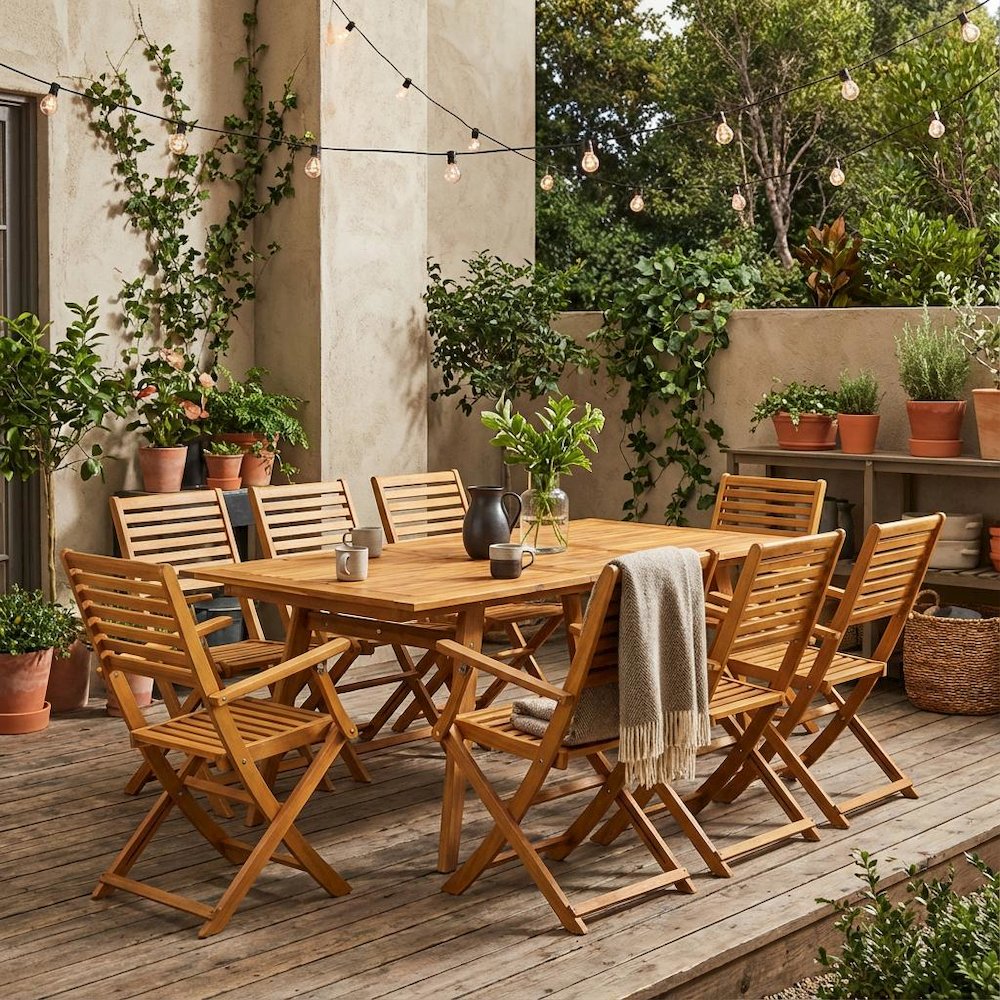 Wood-Tone Oil 9-Piece Patio Dining Set with Ladder Back Chairs and Wooden Table. Picture 2