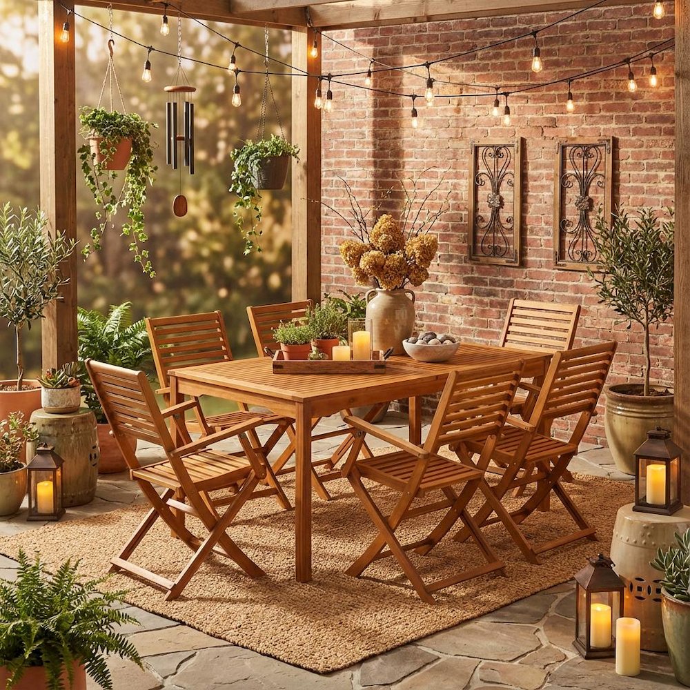 Oil-Finished Wooden Patio Set with Dining Table and 6 Chairs. Picture 3
