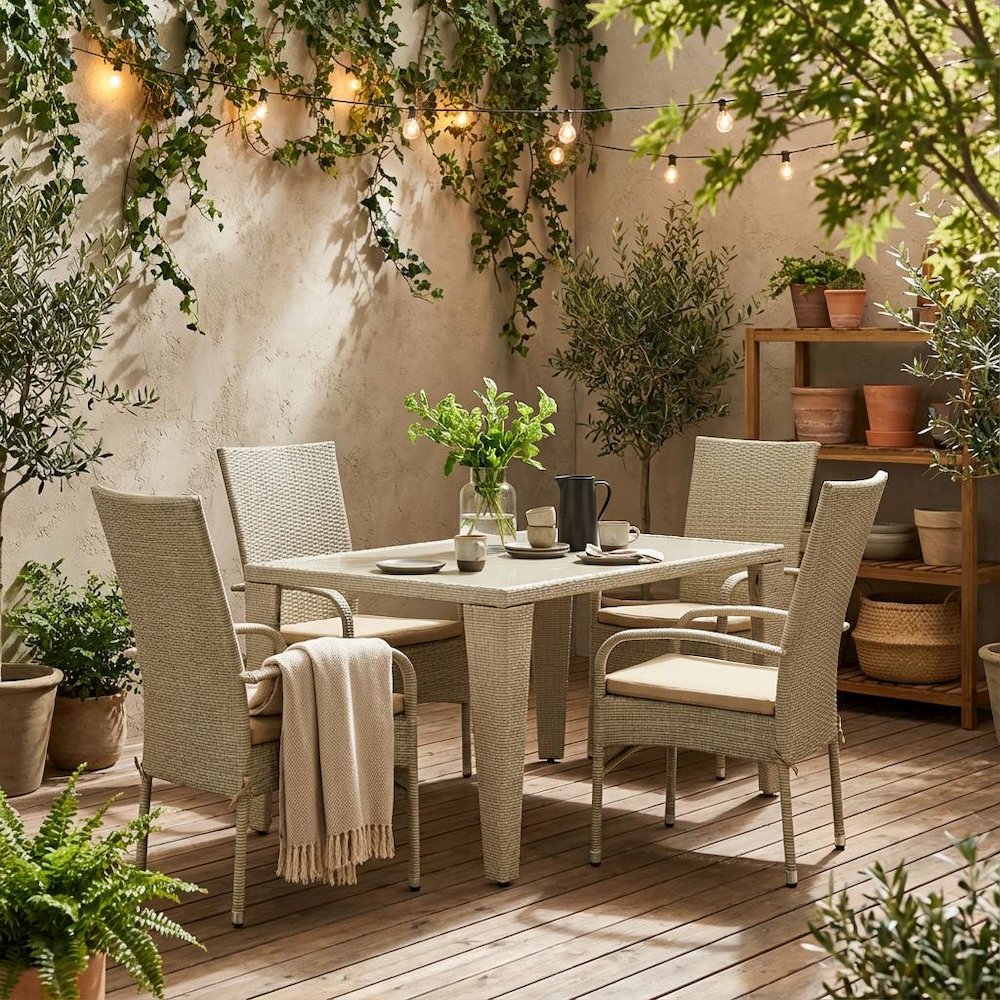 Neutral Linen Wicker Patio Set with Dining Table and 4 Outdoor Chairs. Picture 2