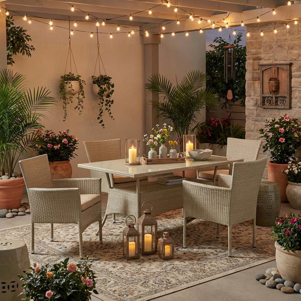 Linen Wicker Patio Set with Dining Table and 4 Outdoor Chairs. Picture 3