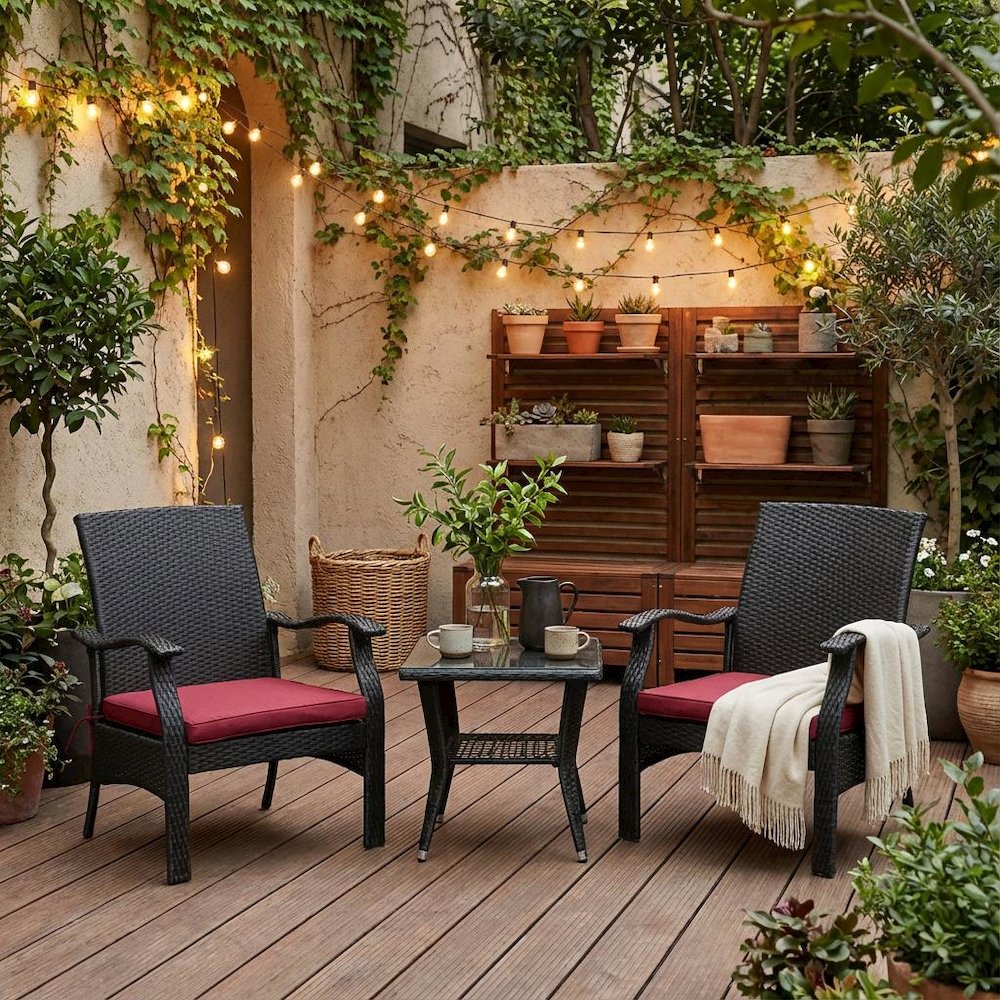 Black Wicker Patio Set with Table and 2 Chairs - Durable Outdoor Seating. Picture 2