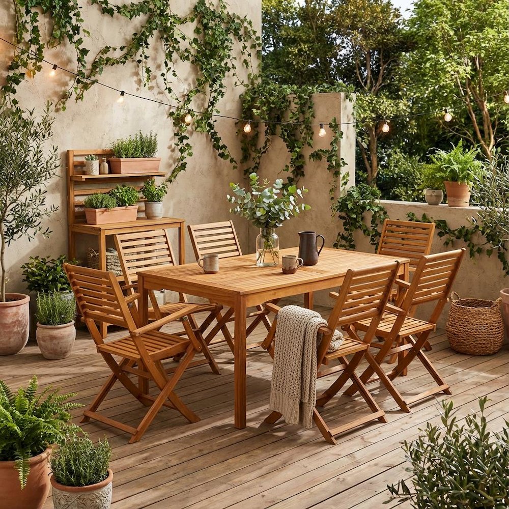 Oil-Finished Wooden Patio Set with Dining Table and 6 Chairs. Picture 2