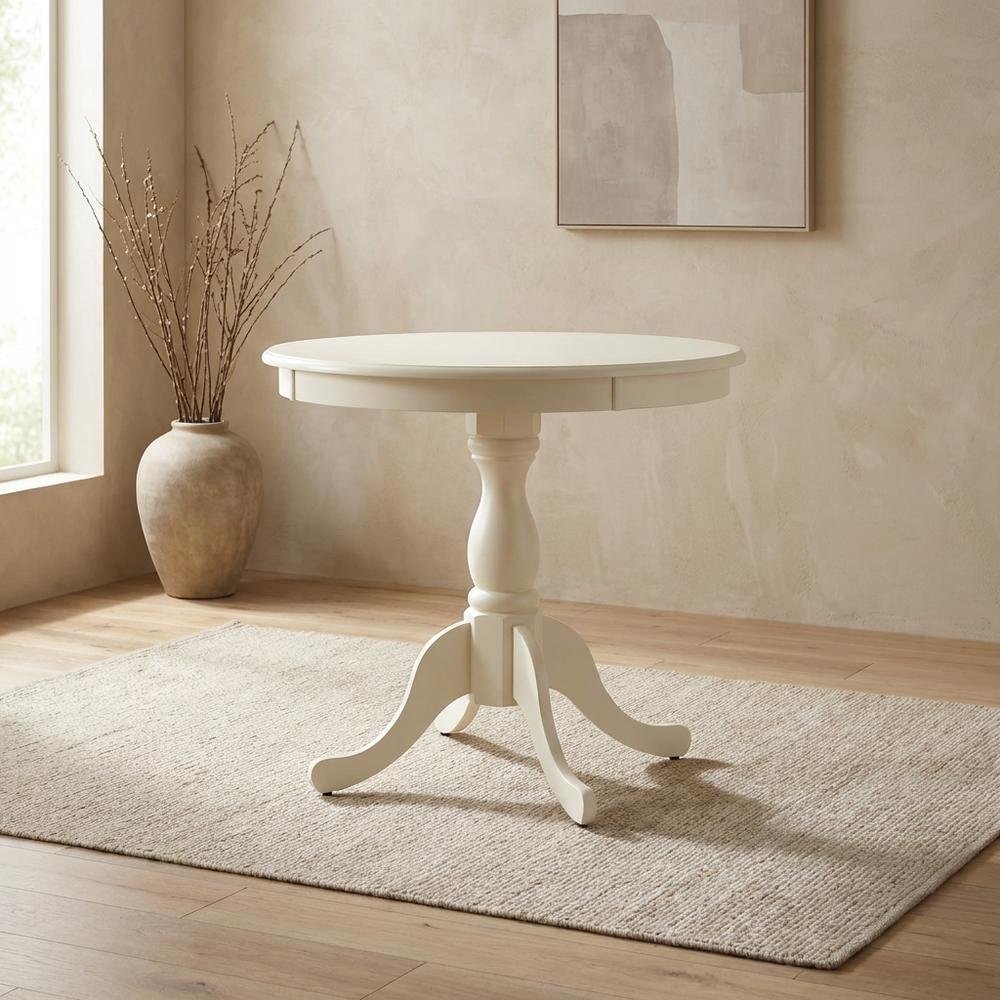 Linen White Round Pedestal Dining Table, Wood, Seats 4. Picture 2