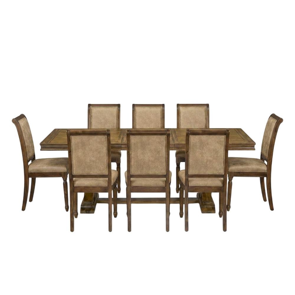 Solid Wood Dining Table 7-Piece with High-Back Upholstered Chairs, Beige. Picture 4