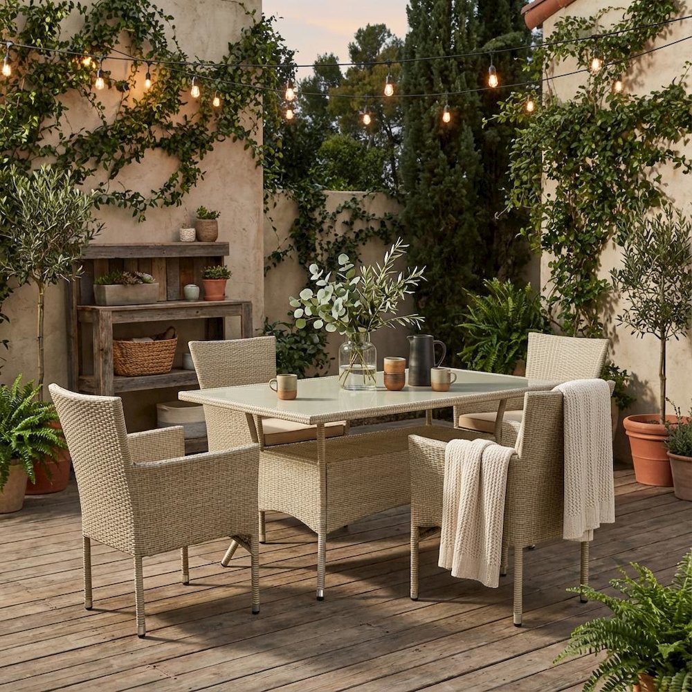 Linen Wicker Patio Set with Dining Table and 4 Outdoor Chairs. Picture 2